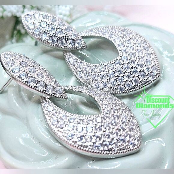 Dainty White Baguette Diamond Dangle Earrings 925 Silver - Picture 9 of 9